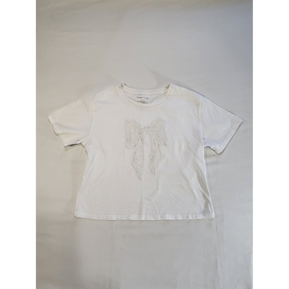 House of Cotton White Lace Bow Applique T-Shirt Coquette Boxy Crop Tee Large